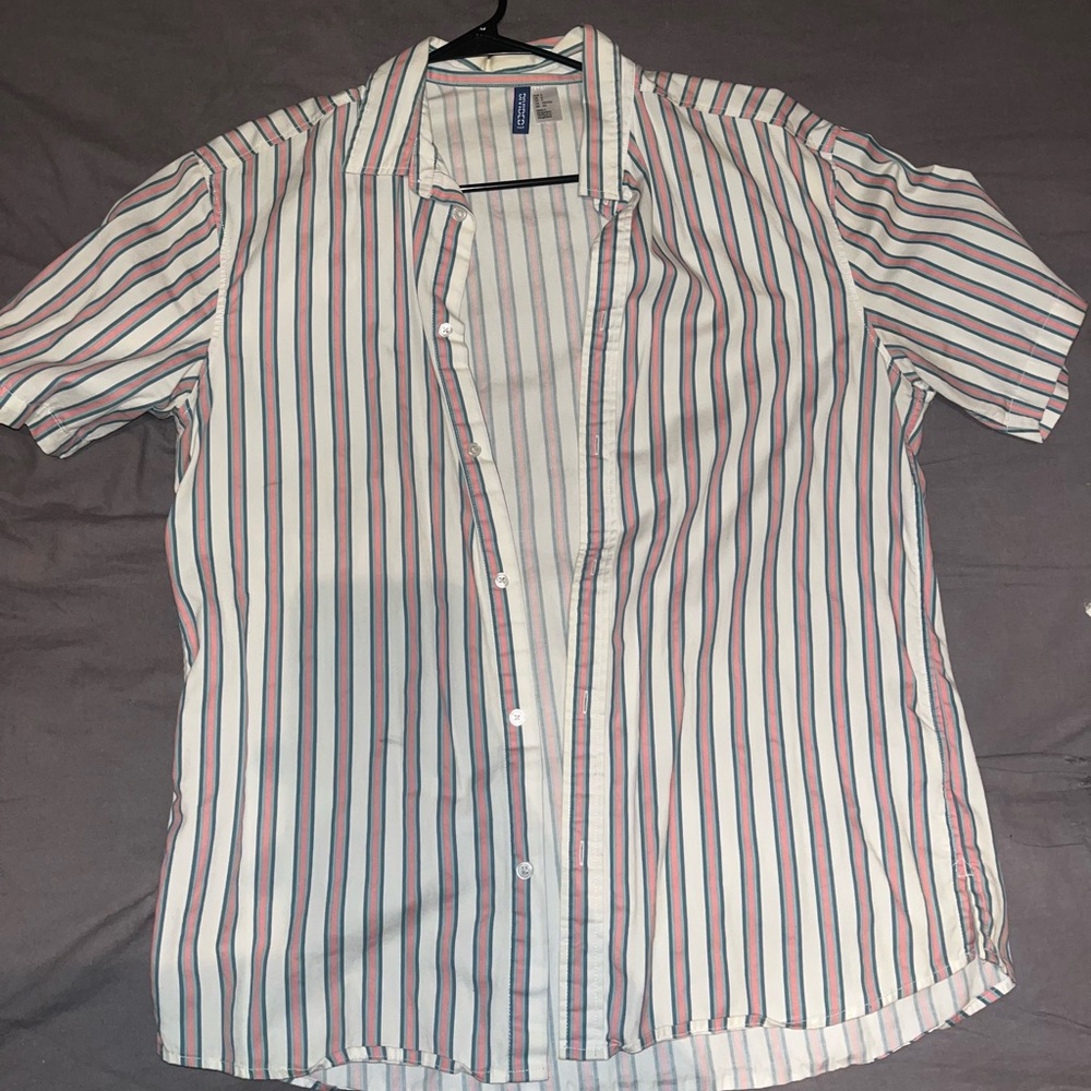 Divided Men's Short-Sleeve Button-Down Shirt - White with Blue & Pink Stripes